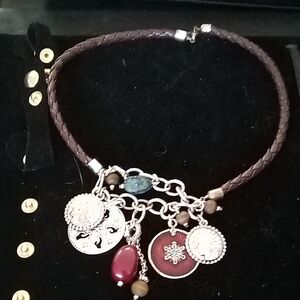 Women’s Brown Braided Leather Charm Necklace with Red Accents